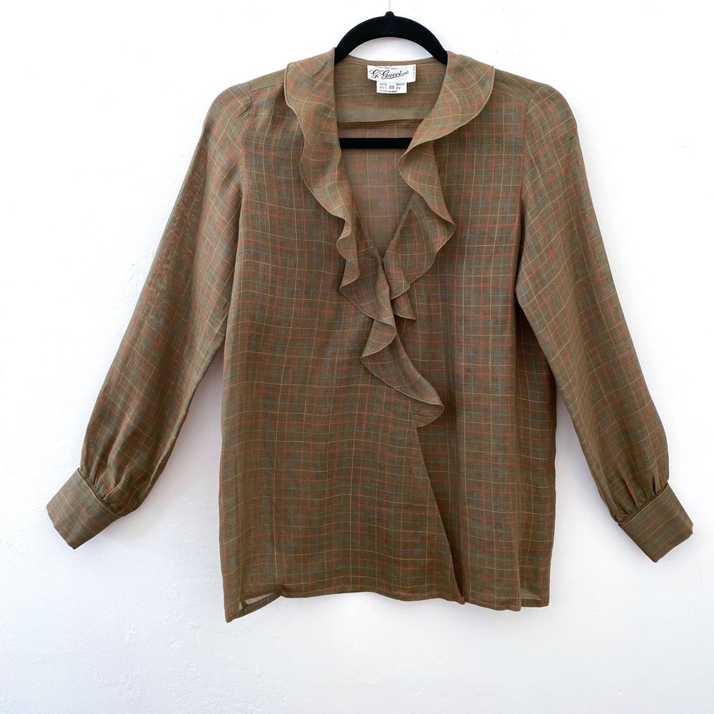 Vintage 70's Gucci Plaid Ruffle Front Shirt‎ Top Long Sleeve Linen Brown Size 40